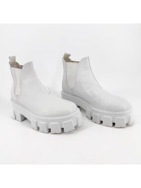 Prada Monolith White Leather Chelsea Ankle Boots Lug Sole Size 37 US 7 Women's